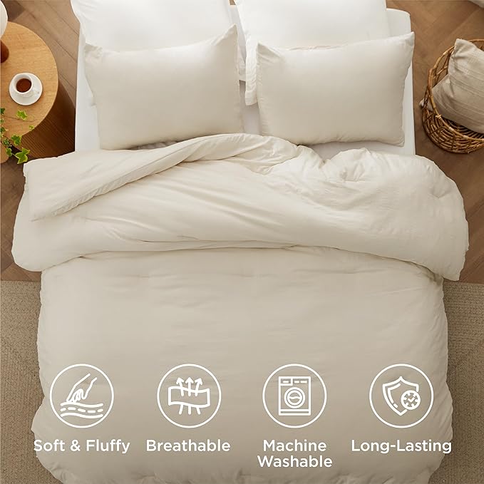 Bedsure Super King Plus Size Comforter Set, Cream Soft Prewashed Bedding for All Seasons, 3 Pieces GentleSoft™ Bed Set, 1 Lightweight Comforter (128"x120") and 2 Pillowcases (20"x36")