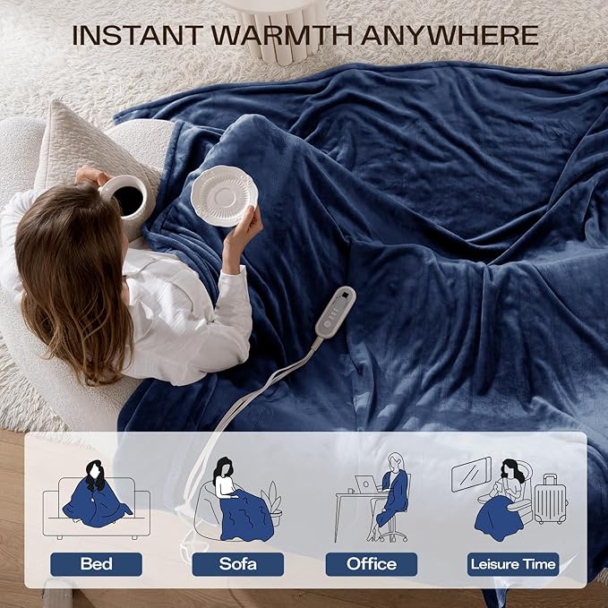 Electric Blanket Full Size 72"x84", Heated Blanket with 8 Heat Settings & 10 Hours Auto-Off, Navy Blue Double-sided Flannel Blanket, Heating Blanket for Bed, Full Body, Machine Washable, ETL Certified