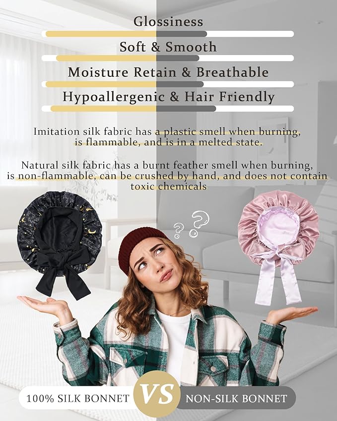 100% Mulberry Silk Bonnet for Sleeping Women Double Layer Silk Hair Bonnet Natural Sleep Cap with Elastic（Black + Moon）