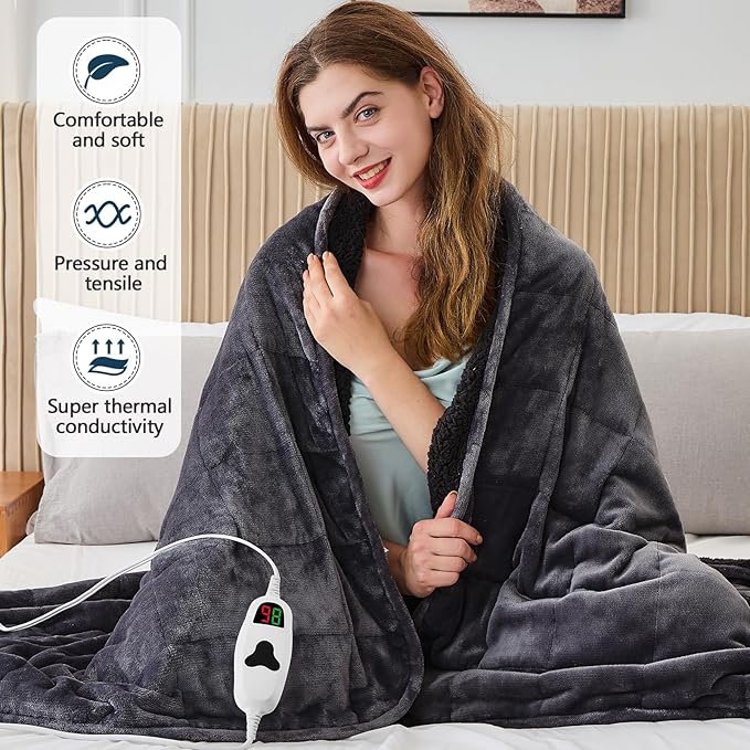 CYMULA Heated Weighted Blanket for Adults, Weighted Heated Blanket 48" x 72", 15lbs Sherpa Fleece Weighted Electric Blanket Soft Heating Blanket with 10 Heating Levels & 1-8 Hours Auto Off, Dark Grey