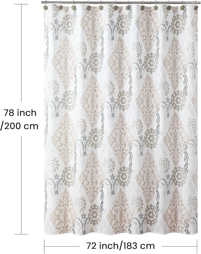 Fabric Shower Curtain 78 Inches Long, White and Beige Boho Damask Print Shower Curtains for Bathroom, 72" W x 78" H