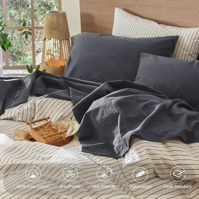 MooMee Bedding Sheet Set 100% Washed Cotton Linen Like Textured Breathable Durable Soft Comfy (Solid Deep Grey, King)