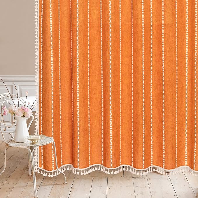 MitoVilla Boho Long Shower Curtain 72 x 78, Orange Farmhouse 78 inch Long Polyester Linen Fabric Shower Curtains with Tassel for Chic Cottagecore French Rustic Bathroom Decor