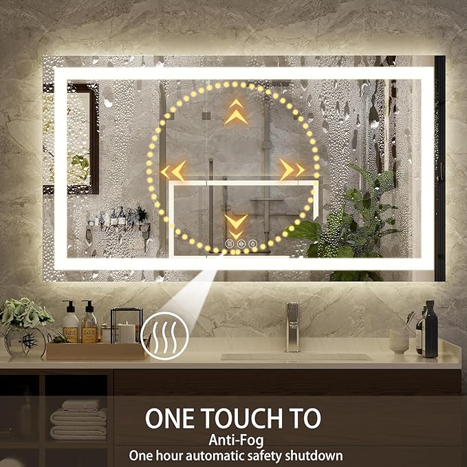 36"x 48"LED Bathroom Mirror, Backlit + Front Lit, LED Bathroom Mirror with Lights for Wall, 3 Colors, Anti-Fog, Dimmable Brightness, Memory Function, Tempered Glass