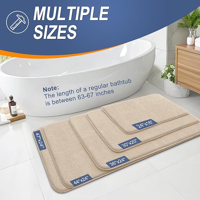 OLANLY Thick Memory Foam Bath Mat Rug 47x24, Extra Soft Absorbent Bathroom Rug, Quick Dry Bath Mats, Non-Slip, Machine Washable Carpet for Bathroom, Tub and Shower, Home Decor Accessories, Beige