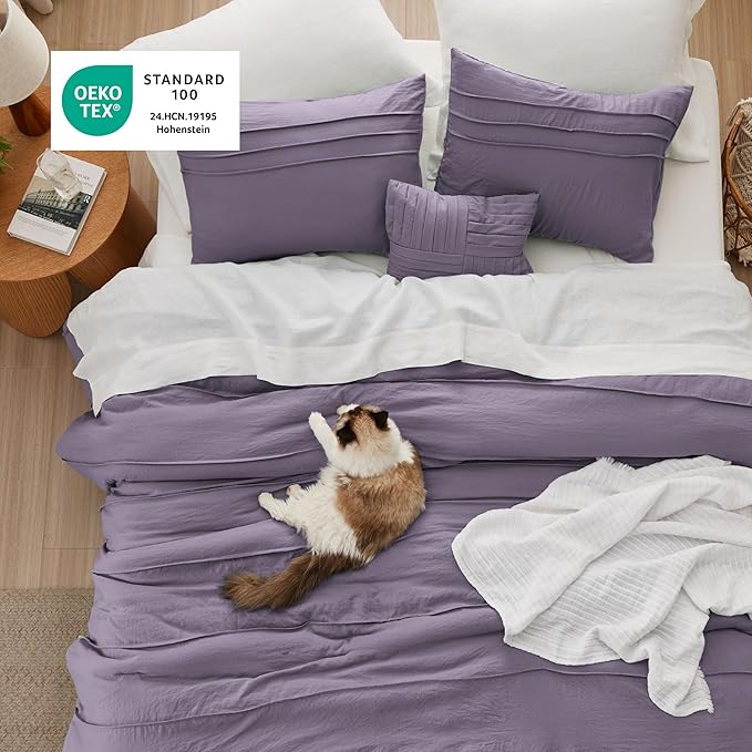 Bedsure California King Comforter Set - 4 Pieces Pinch Pleat Bed Set, Purple Boho Bedding for All Season, 1 Soft Comforter, 2 Pillowcases, 1 Decorative Pillow