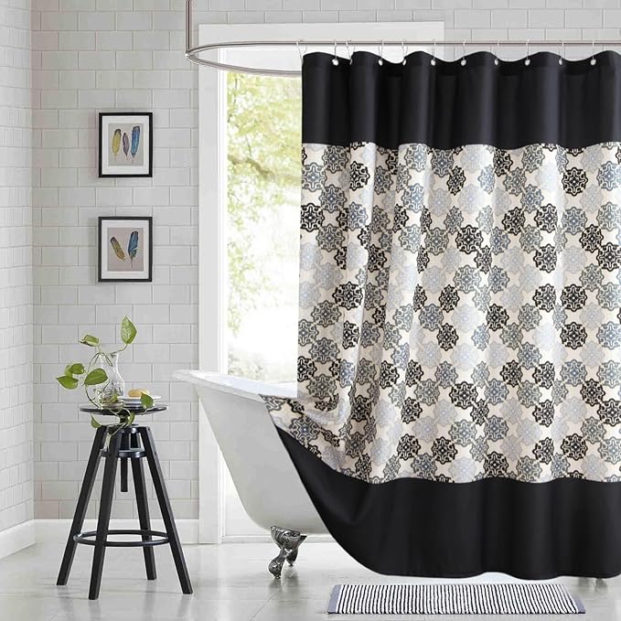 Extra Long Fabric Shower Curtain, Black Beige Grey Boho Medallion Print Shower Curtains for Bathroom, 72" W x 84" H