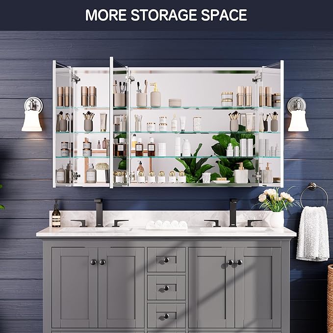 Medicine Cabinet 48" x 30", Bathroom Medicine Cabinet with Mirror, Recessed Medicine Cabinets with Adjustable Shelves, Soft-Closing Door, and Aluminum Alloy Frame - Reverse Installation, Silver