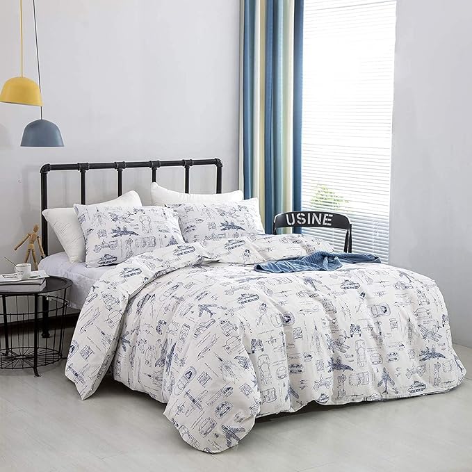 KAREVER Aircraft Comforter Set Full Boys White Cartoon Bedding Set Alternative Comforters Airplane Car Tank Printed White Bedding Blanket Full for Children Teen Boy with Microfiber Inner Insert