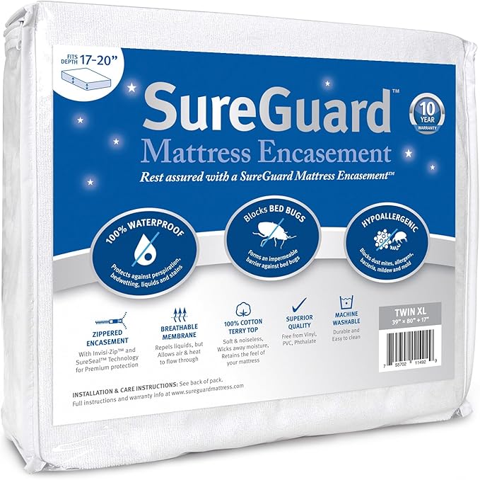 Twin XL (17-20 in. Deep) SureGuard Mattress Encasement - 100% Waterproof, Bed Bug Proof, Hypoallergenic - Premium Zippered Six-Sided Cover