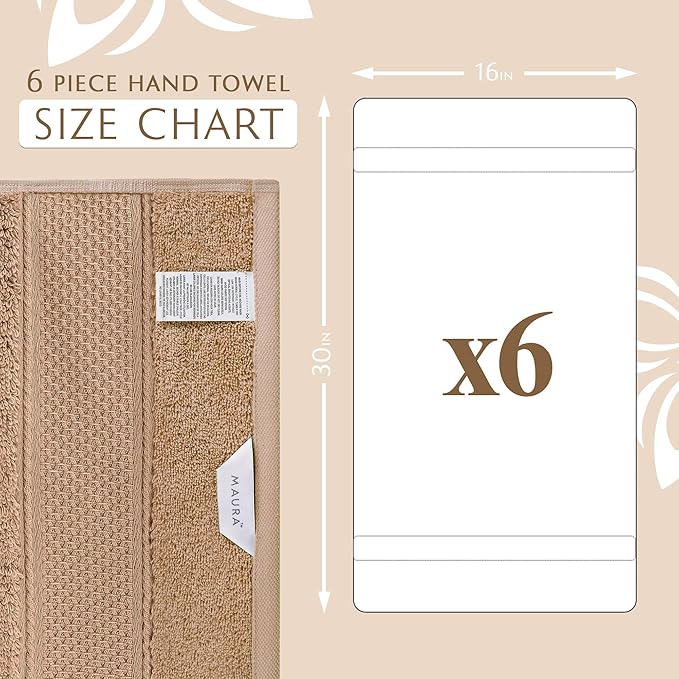 MAURA Biege Hand Towels for Bathroom. Luxury Turkish Cotton Bath Hand Towels Set of 6. Ultra-Soft, Thick & Plush - Brown