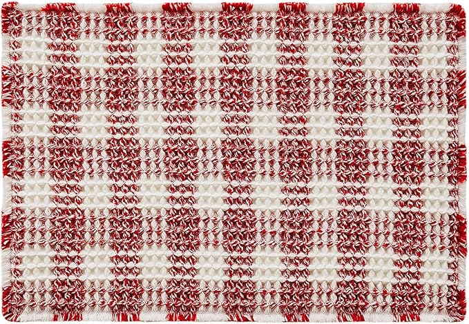 Waffle Bath Mat, Boho Christmas Bathroom Rugs Non Slip Washable Absorbent Checkered Bathroom Mat Quick Dry Cute Bath Mat, 24"x16" Red and White