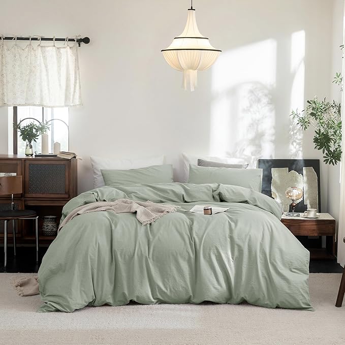 FOSSA Duvet Cover Set 100% Washed Cotton Linen Feel Super Soft Breathable Cozy 3 Pieces Bedding Sets Solid Sage Green King