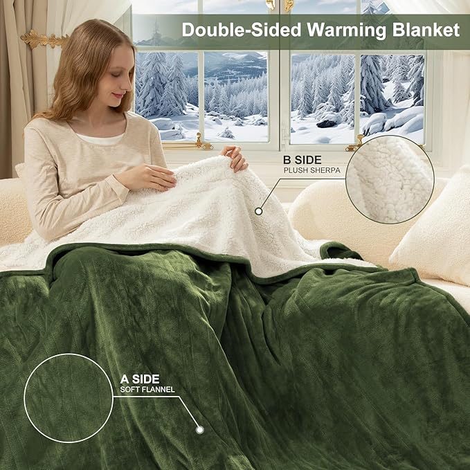 Heating Blanket Queen Size Washable - 84 x 90 Inch Double Zone Electric Blanket with 10 Hours Auto Off, 5 Heat Settings, Soft Flannel Sherpa Heated Blanket for Bed, ETL Certified, Green