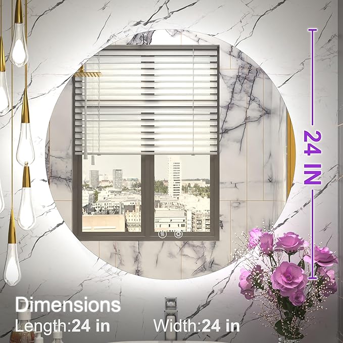 LED Bathroom Mirror 24 Inch, 3 Color Temperatures (3000K/4500K/6000K), Dimmable Backlight, Anti-Fog, 5MM HD Glass, CRI 90+, Round Vanity Mirror with Light