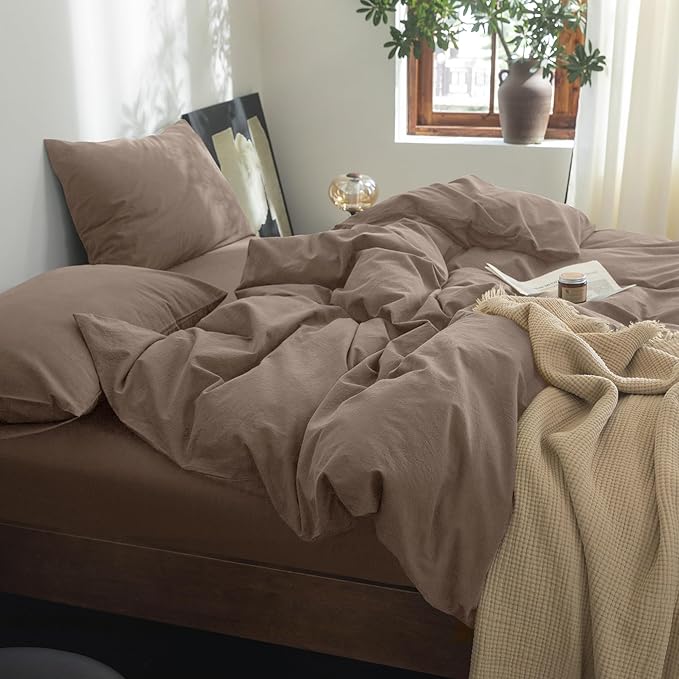 FOSSA Duvet Cover Set 100% Washed Cotton Linen Feel Super Soft Breathable Cozy 3 Pieces Bedding Sets Solid Pale Brown California King