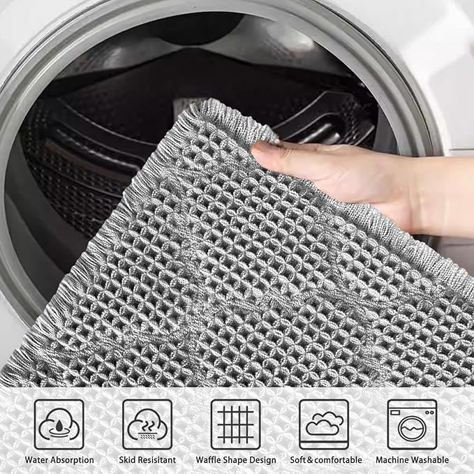 ZALL Waffle Bath Mat,Super Absorbent Non Slip Bathroom Rug,Grey 18x30inch,Geometric Diamond Machine Washable Ultra Soft Floor Mats Gray