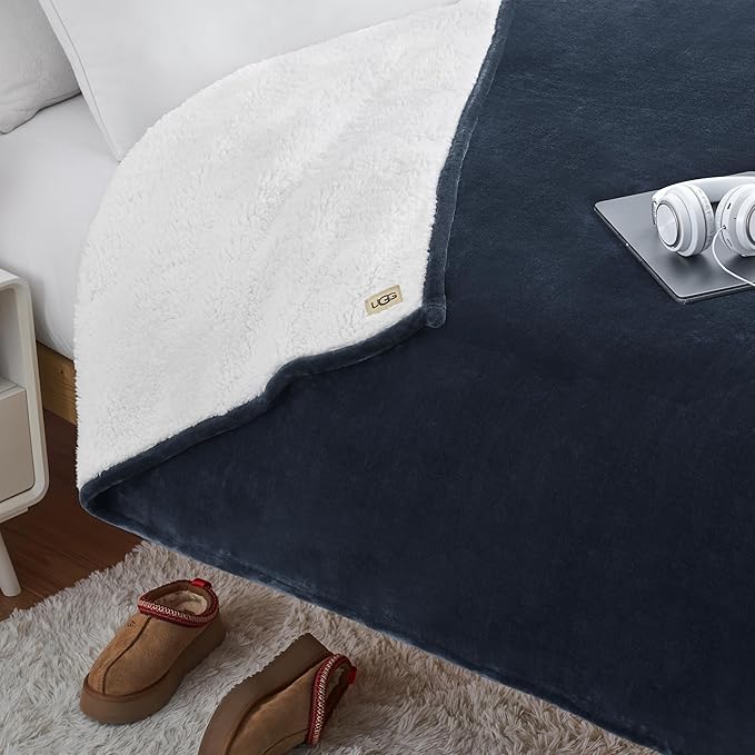 UGG Ariana Twin/Twin XL Blanket Fleece Fluffy Reversible Soft Fuzzy Bedding Plush Warm Oversized Bed Blanket Washable Bedroom Decor for Dorm Room Essential, 60-inch x 90-inch, Navy Blue