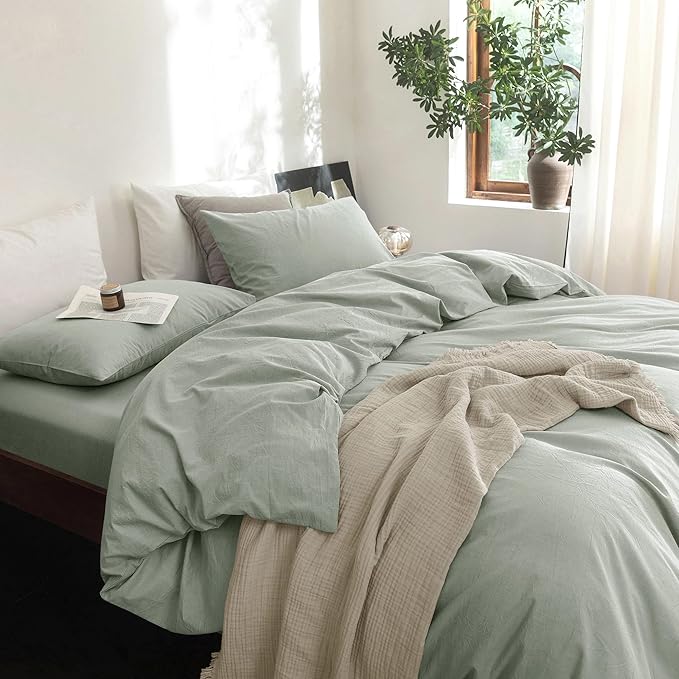FOSSA Duvet Cover Set 100% Washed Cotton Linen Feel Super Soft Breathable Cozy 3 Pieces Bedding Sets Solid Sage Green Super King