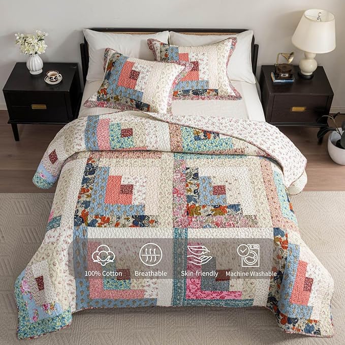 meadow park Cotton Real Patchwork Quilt Set 3-Piece. 100% Washed Cotton. 208 Hand Cut Patches. Allover Quilting. Reversible Coverlet Set. (Queen)