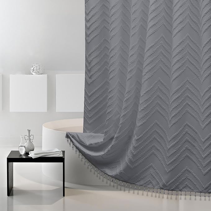 Gray Shower Curtain for Bathroom Fabric Boho Shower Curtain Cloth Textured Tufted Chevron Elegant Shower Curtains Waterproof for Bathroom 72" x 72"