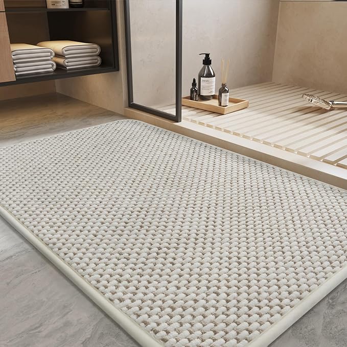 PADOOR-Bath Mat-Super Absorbent Chenille Bathroom Mats-Rubber Backed Bath Mats for Bathroom Non Slip, Easy Clean Bathroom Rugs Front of Bathtub,Shower Room,Sink-17×35, Beige&Cream