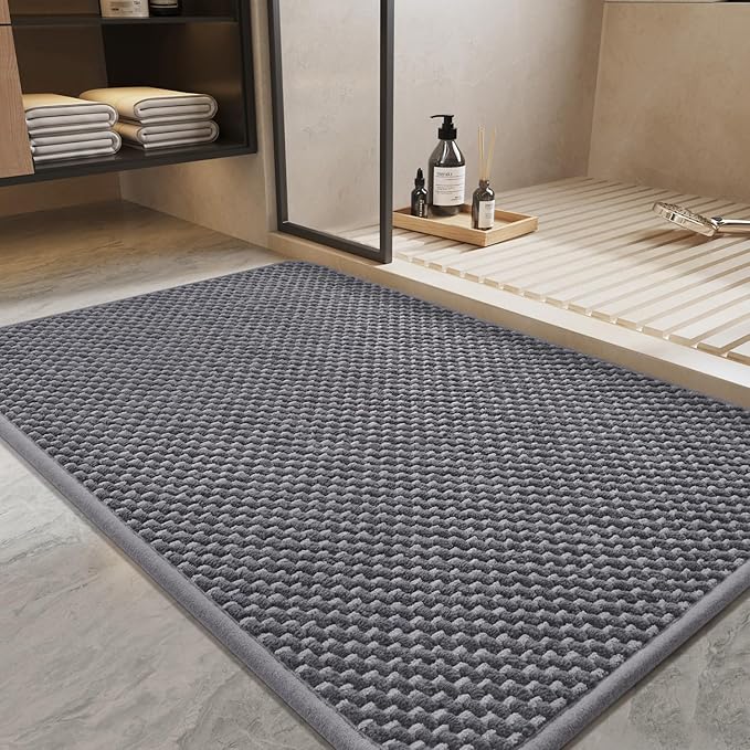 PADOOR-Bath Mat-Super Absorbent Chenille Bathroom Mats-Rubber Backed Bath Mats for Bathroom Non Slip, Easy Clean Bathroom Rugs Front of Bathtub,Shower Room,Sink-17×35, Grey&Darkgrey