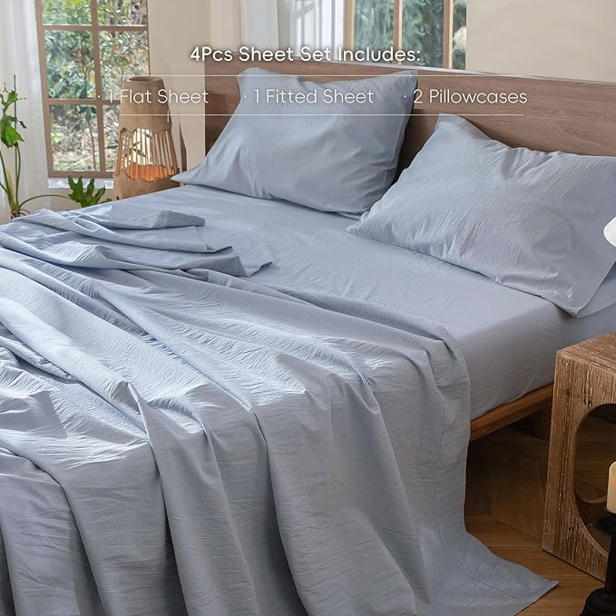 MooMee Bedding Sheet Set 100% Washed Cotton Linen Like Textured Breathable Durable Soft Comfy (Heathered Cornflower Blue, Full)