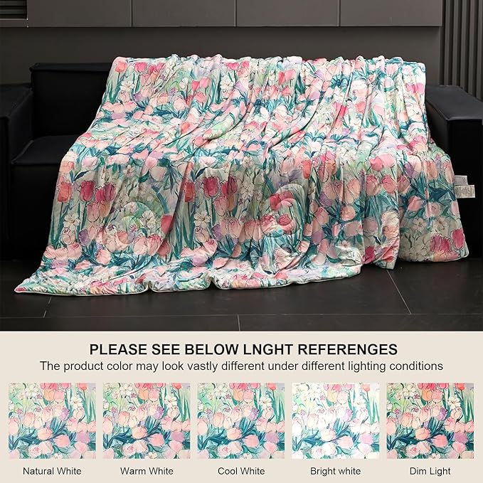 Cyusri Floral Print Cooling Comforter Set 3Pcs Breathable Cool King Size Bedding Set with 2 Pillowcases Pink Tulip Pattern Silky Cold Quilt, 108"x90"