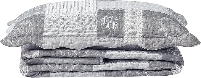 Brilliant Sunshine Grey Heart Love, Floral and Lace Patchwork, 2-Piece Quilt Set with 1 Sham, Reversible Bedspread, Soft Lightweight Coverlet, All-Season, Twin, Grey