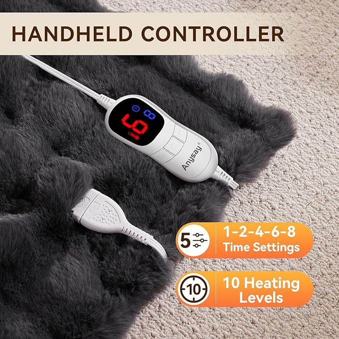 Heated Blanket Queen Size with 1/2/4/6/8 Hours Auto-Off 10 Heat Level, 72'' * 84'' Cozy Faux Rabbit Fur Bubble Electric Blanket with Overheat Protection(Dark Grey)