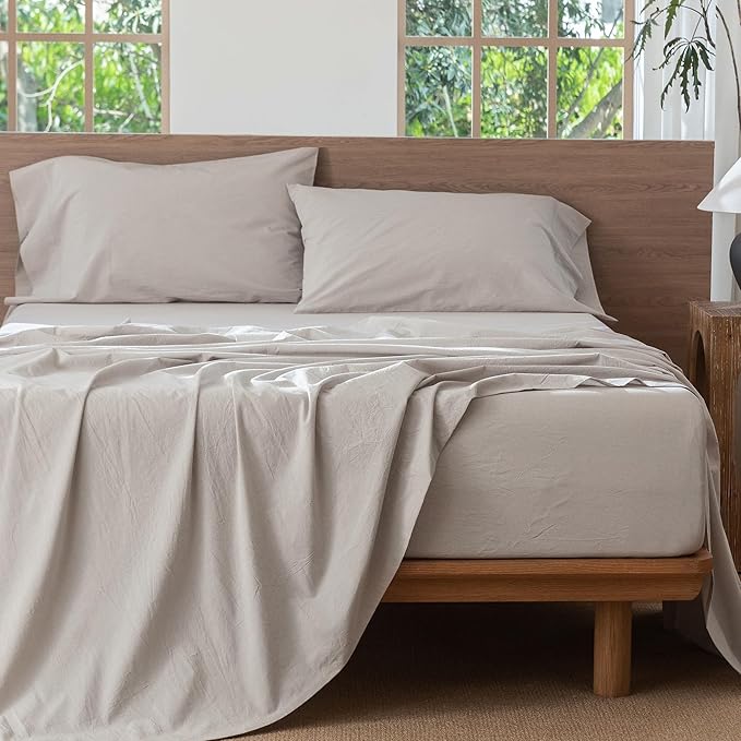 MooMee Bedding Sheet Set 100% Washed Cotton Linen Like Textured Breathable Durable Soft Comfy (Solid Light Tan, King)
