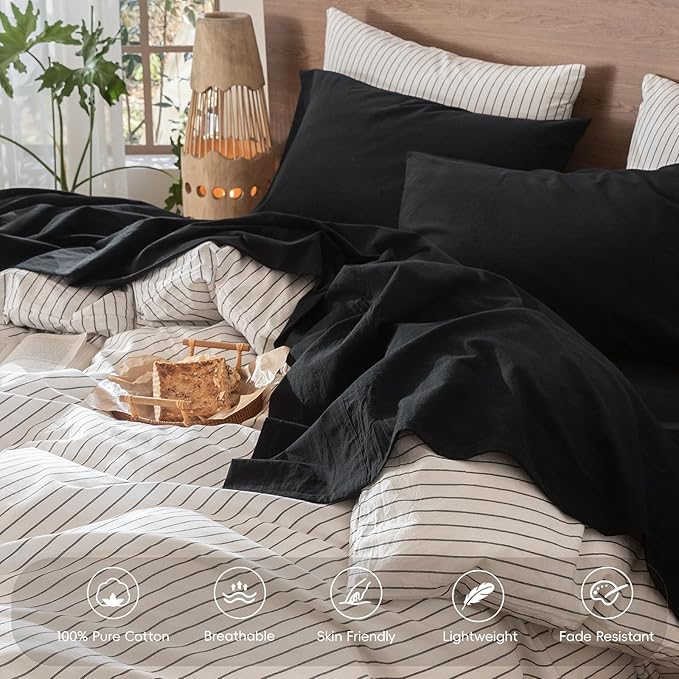 MooMee Bedding Sheet Set 100% Washed Cotton Linen Like Textured Breathable Durable Soft Comfy (Solid Black, Full)