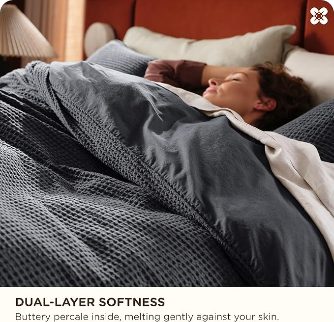 Bedsure Cotton Duvet Cover King - 100% Cotton Waffle Weave Charcoal Duvet Cover King Size, GentleSoft™ and Breathable Bedding Set for All Season, 3 Pieces, 104"x90"