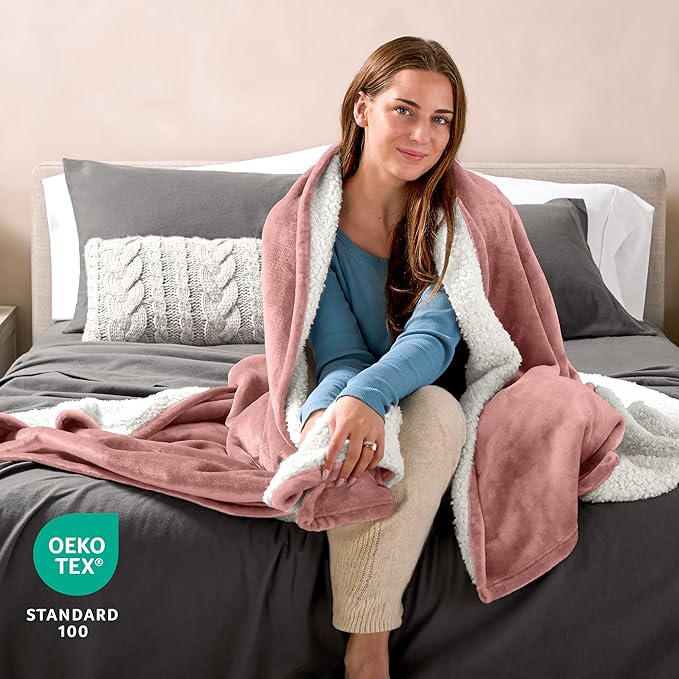 Bare Home Sherpa Fleece Blanket - Twin/Twin Extra Long - Blanket for Bed, Sofa, and Couch - Warm & Lightweight - Fluffy & Soft - Reversible (Twin/Twin XL, Old Rose)