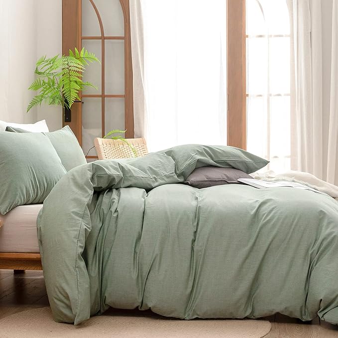 BESTOUCH Duvet Cover Set 100% Washed Cotton Linen Feel Super Soft Comfortable Chic Lightweight 3 PCs Home Bedding Set Solid Green Oversized Queen