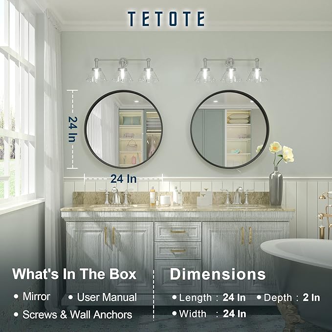 TETOTE Black Round Mirror, 24 Inch Circle Mirrors for Bathroom, Matte Metal Framed Farmhouse Wall Mounted Decorative Modern Vanity Entryway Mirror