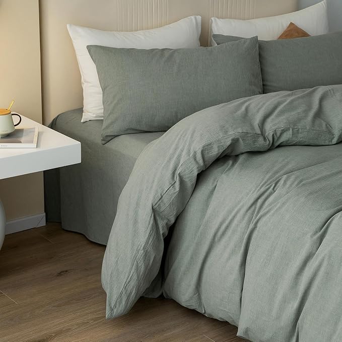 JIYUAN 100% Washed Cotton Duvet Cover Set 3 Pieces Oversized Queen, 1 Duvet Cover 98x98 Inches(Comforter Not Included) and 2 Pillowcases,Linen Feel Bedding Set Comfy and Breathable, Heathered Green