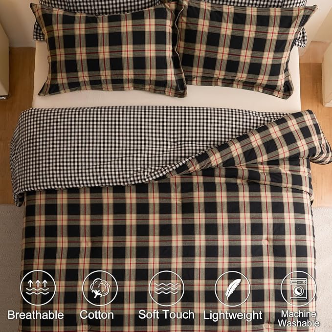 100% Cotton Comforter Set Twin Size – Reversible Yarn-Dyed Checkered Design, Soft Washed Cotton on Both Sides, Lightweight All-Season Bedding, Machine Washable(Black Red Plaid, 68”x90”)