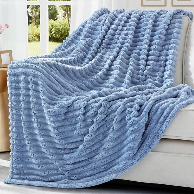 decorUhome Christmas Soft Fleece Blue Grey Twin Blanket for Bed, Cozy Fluffy Plush Flannel Striped Throws for Couch Sofa, Lightweight Decorative Ribbed Fuzzy Blanket for Woman, 60x80 Inches