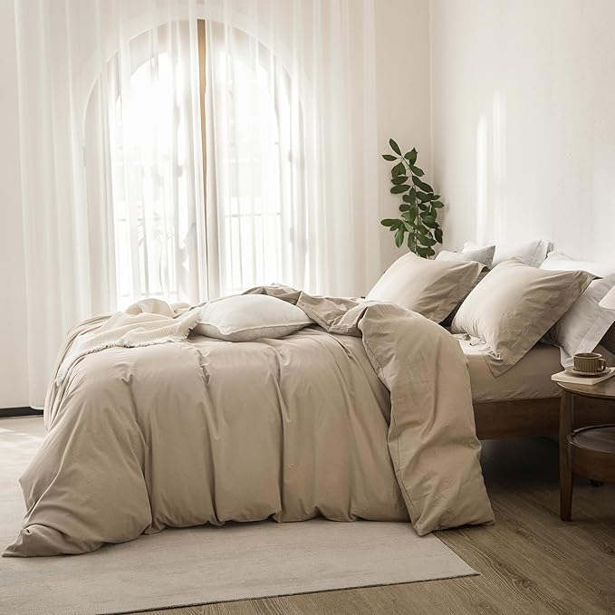 Linen Feel Duvet Cover King Size 104inch x 90inch,100% Washed Cotton Duvet Cover with Zipper Closure and 2 Pillowcases, Color of Mocha Brown