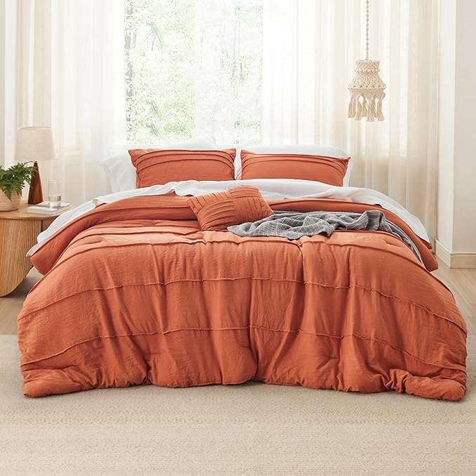 Bedsure Queen Comforter Set - 4 Pieces Pinch Pleat Bed Set, Burnt Orange Boho Bedding for All Season, 1 Soft Comforter, 2 Pillowcases, 1 Decorative Pillow