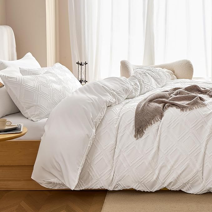 JELLYMONI Duvet Cover Queen Size Bright White - 3PCS Boho Duvet Cover Set Plaid Polyester Tufted Bohemian Jacquard Knit Textured Comforter Cover 90×90in Rhombic Geometric Pattern Zipper Corner Tie