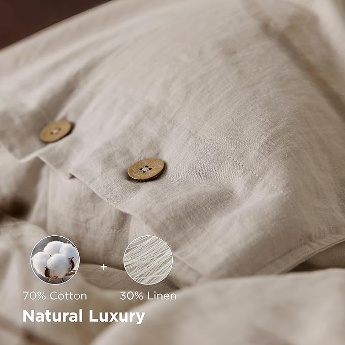 Bedsure Linen Duvet Cover Queen Size - Linen Cotton Blend Bedding Set, Soft & Cozy, 3 Pieces, 1 Duvet Cover 90x90 Inches and 2 Pillowcases, Light Khaki Color Cooling Bedding, Comforter Sold Separately