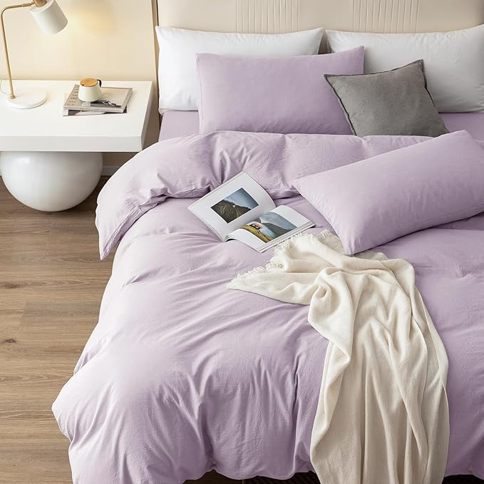 JIYUAN 100% Washed Cotton Duvet Cover Set 3 Pieces Queen, 1 Duvet Cover 90x90 Inches(Comforter Not Included) and 2 Pillowcases,Linen Like Comfy and Breathable,Heathered Light Purple