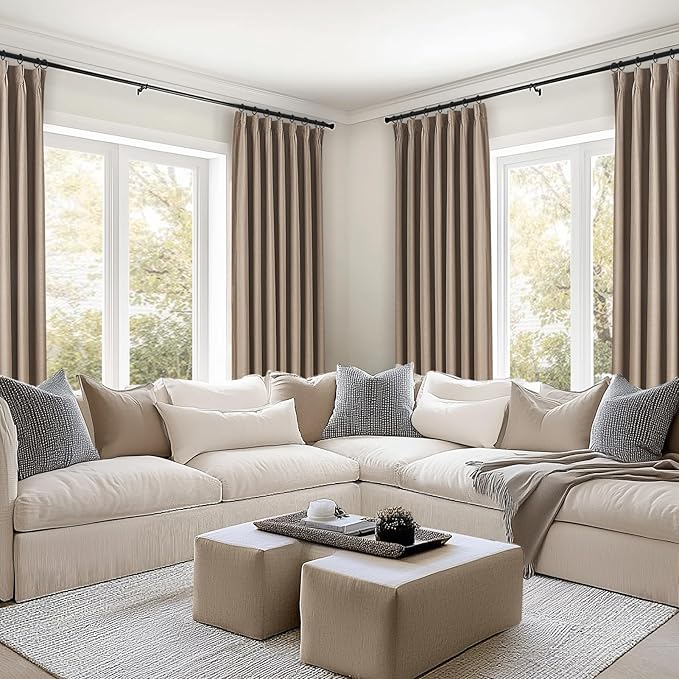 Topfinel 102 Inches Long Custom Blackout Linen Curtains, Pinch Pleated Noise Cancelling Curtains with Pin Hooks for Traverse Rods, Earth Tone Viral Drapes 2 Panels for Living Room Master Bedroom