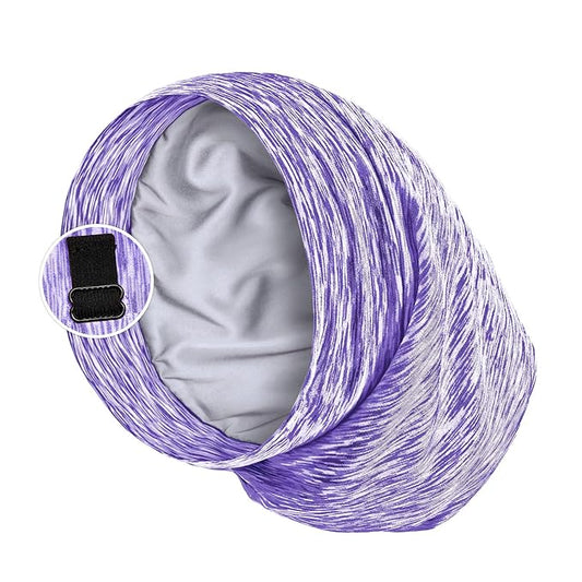 Satin Lined Sleep Cap Bonnet for Curly Hair and Braids, Stay On All Night Hair Wrap with Adjustable Strap for Women and Men, Pruple Type1, Pack of 1
