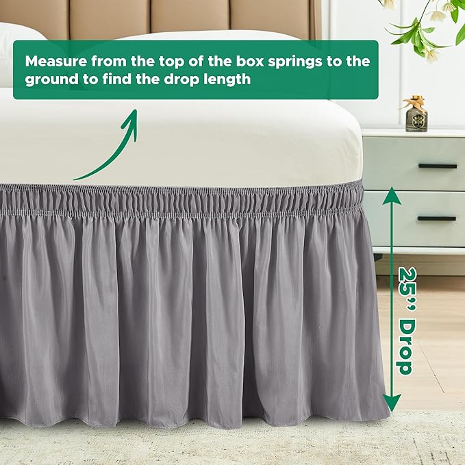 Biscaynebay Wrap Around Bed Skirts for King & Cal King Beds Extra Long Drop of 25", Silver Grey Adjustable Elastic Dust Ruffles Easy Fit Wrinkle Resistant Silky Luxurious Fabric Machine Washable