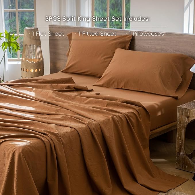 MooMee Bedding Sheet Set 100% Washed Cotton Linen Like Textured Breathable Durable Soft Comfy (Solid Dark Orange, Twin)