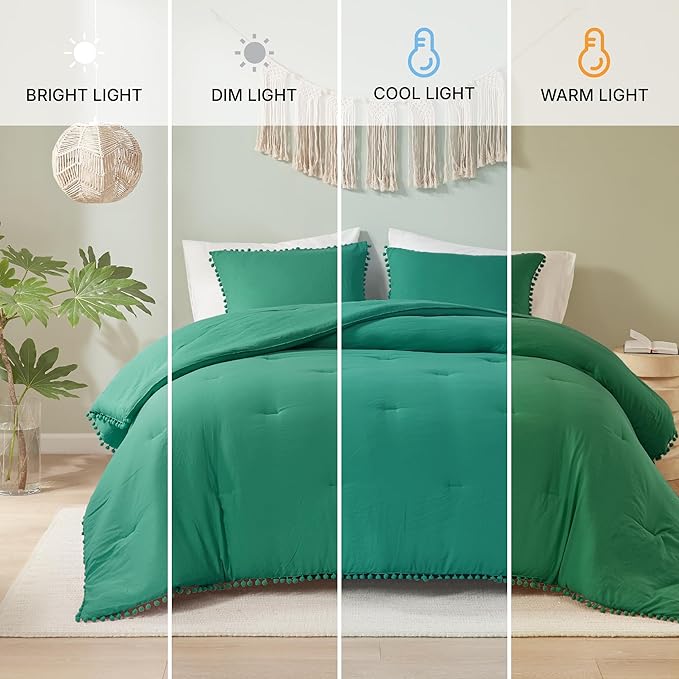 Codi Emerald Green Full/Queen Comforter Set - Boho Aesthetic Bedding with Luxurious Pom Fringe, Soft Washed Microfiber 3pc Set, Couple-Friendly Lightweight Design, 1 Comforter & 2 Pillow Shams